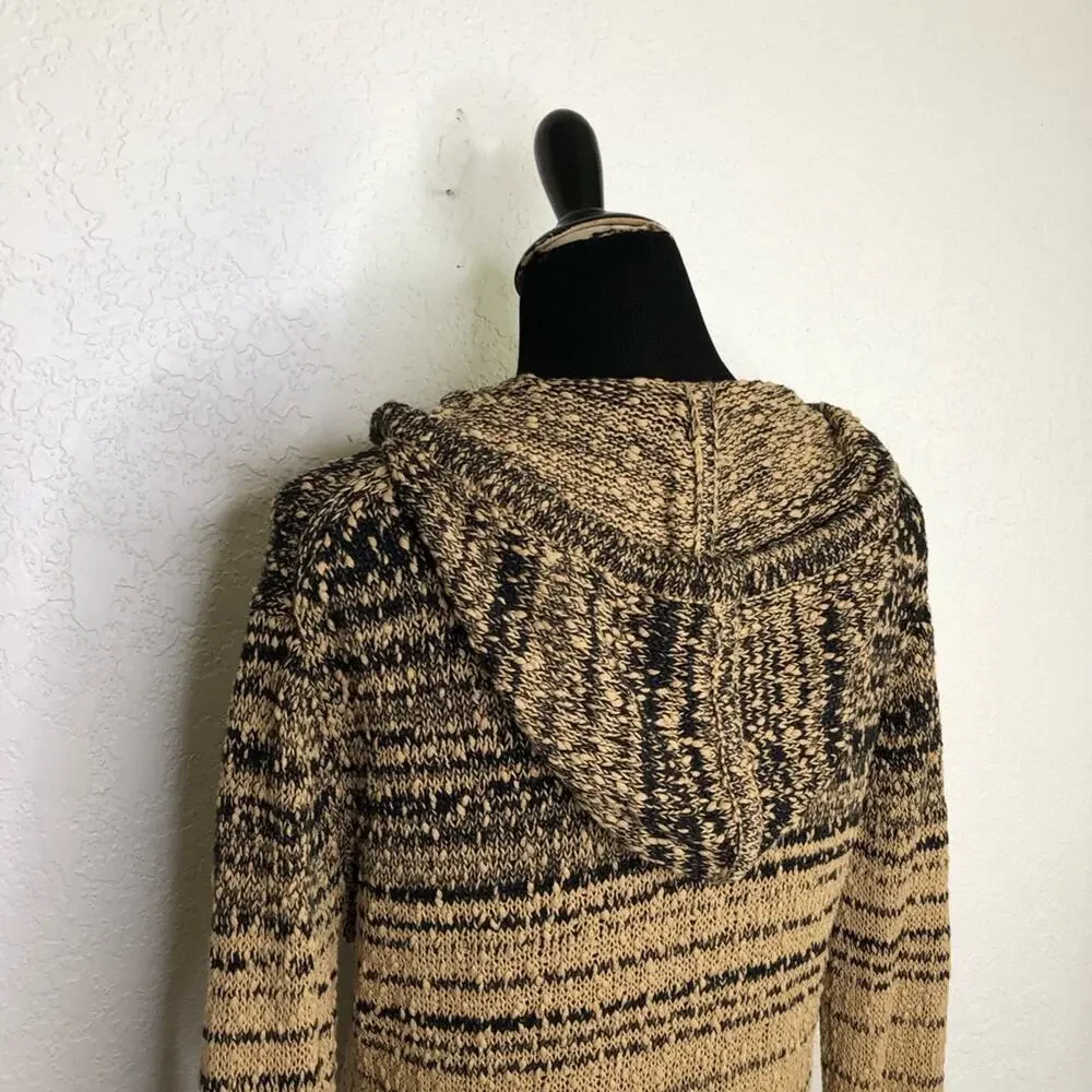 J Crew tan black striped knot knit hooded sweater size XXS